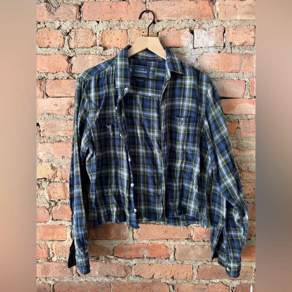 Cropped Topman Navy and Mustard Plaid Shirt